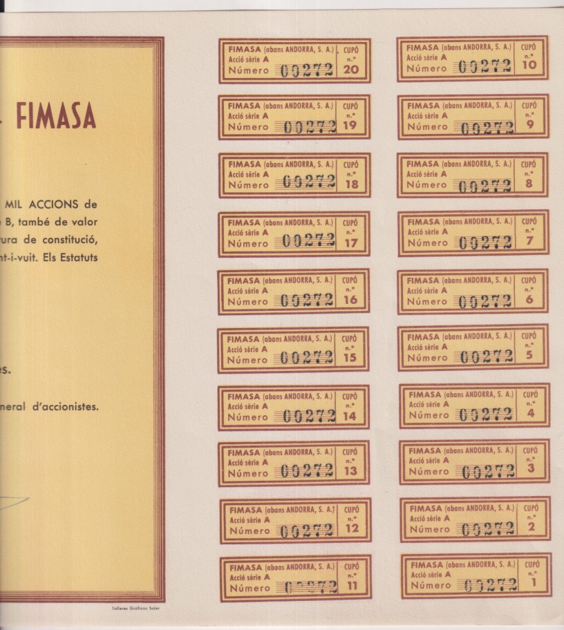 Fiduciaria i mercantil Andorrana, S. A. Fimasa. Acció, Les Escaldes, 27 de maig del 1961