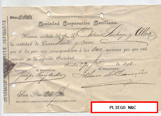 Recibo de compra de acciones de la Sociedad Cooperativa Sevilla na. Sevilla 1890