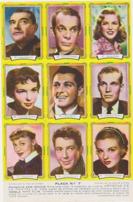 Artistas de la Pantalla. Placa nº 7. Fher 1958. Incluye los cromos del 55 al 53