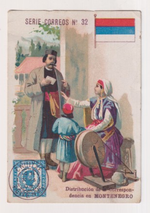 Serie Correos nº 32. Cromo publicidad de Comestibles y Ultramarinos Francisco Sanahuja. Reus