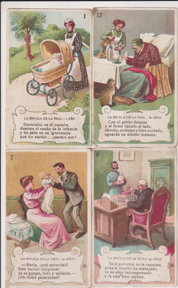 La escala de la vida. Lote de 4 cromos: 1, 7, 9, 12. Chocolate Amatller