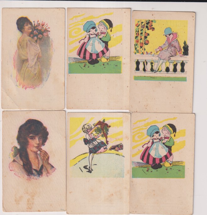 Micaela Planés. jabones perfumados, Colonias y esencias... Lote de 6 cromos (8,5x5,5 cm) Mercado del Clot. Barcelona