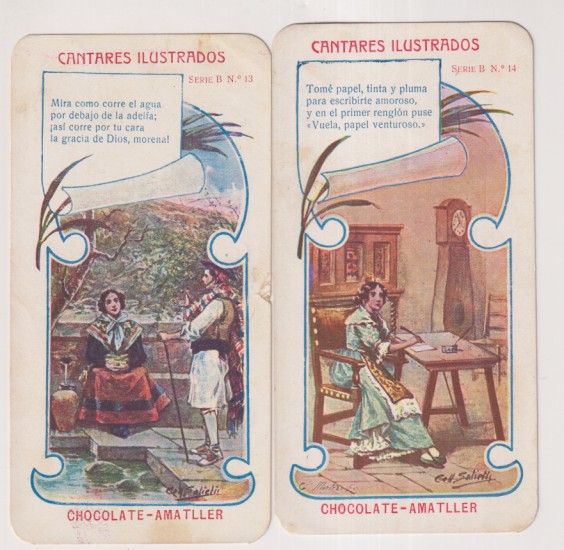 Lote de 2 Cromos. Cantares Ilustrados nº 13 y 14. publicidad de chocolate Amatller