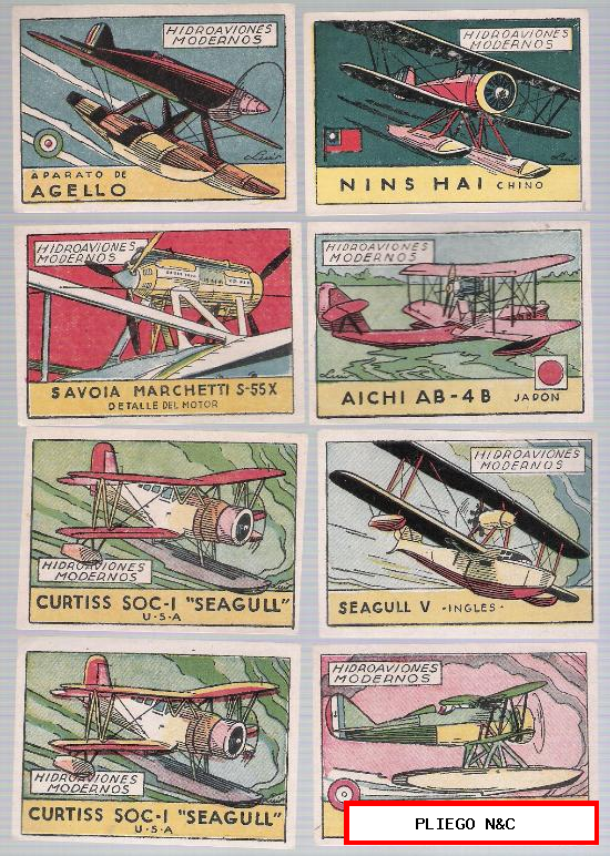 Hidroaviones Modernos. Cisne 1942. Lote de 8 cromos (la colección son 16)