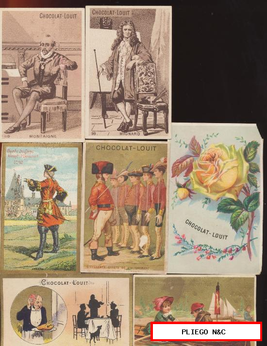Lote de 7 cromos franceses (12x8 a 6,5x9,5) Publicidad de Louit: Chocolat, moutarde. Siglo XIX