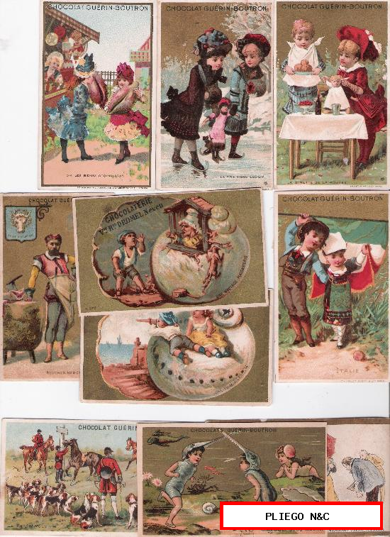 Lote de 10 cromos franceses (15x6,5) Publicidad de Chocolats Guerin-Boutron. Siglo XIX