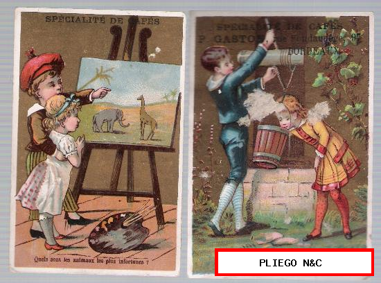 Lote de 2 cromos franceses (10x7) Publicidad de: Cafés P. Gaston. Siglo XIX