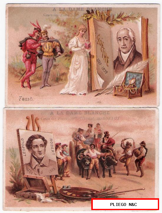 Lote de 2 cromos franceses (7,5x11) A la Dame Blanche. Grands Magasins de Nouveautés. Siglo XIX