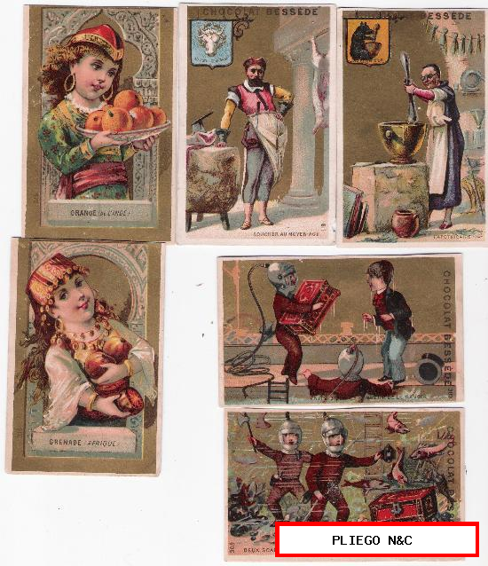 Lote de 6 cromos franceses (10x6,5) Publicidad de: Chocolat Besséde. Marseille. Siglo XIX