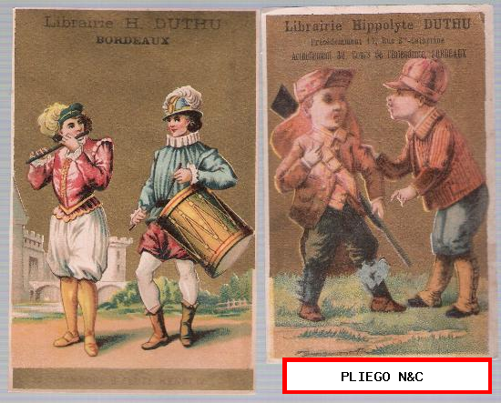Lote de 2 cromos franceses (11,5x7,5 y 15x7) Librairie Hippolyte Duthu. Bordeaux Siglo XIX