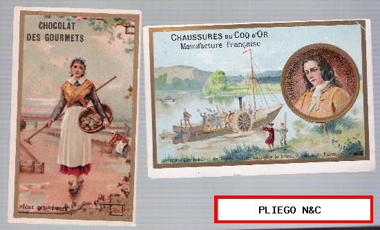 Lote de 2 cromos franceses del siglo XIX con publicidad al dorso: Café des Gourmets y Chausures