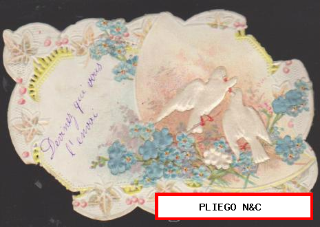 Cromo Troquelado de Felicitación (8x11) con relieve de tela. Siglo XIX-XX