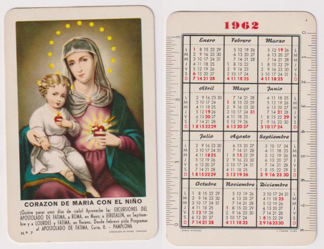 Calendario Fournier. Corazón de María con el Niño 19621