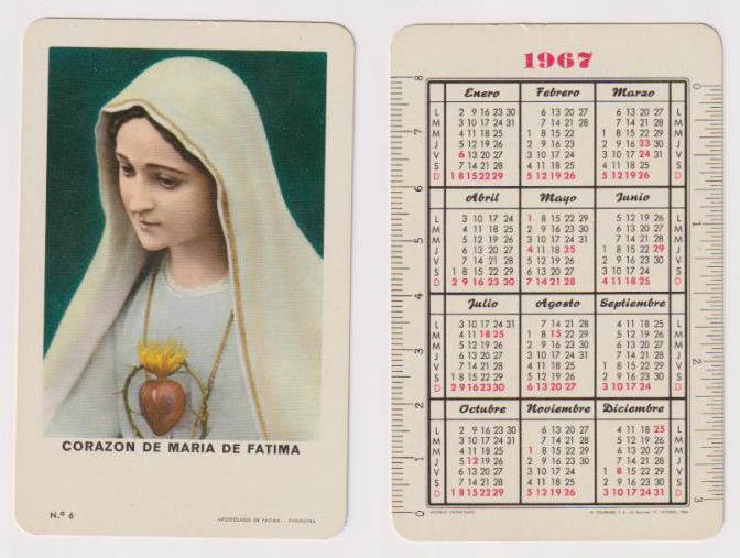 Calendario Fournier. Corazón de María de Fátima 1967