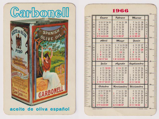 Calendario Fournier. Carbonell Aceite de Oliva Español 1966