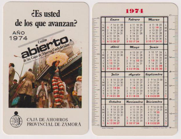 Calendario Fournier. Caja de Ahorros Provincial de Zamora 1974