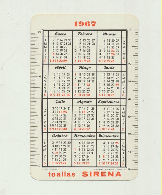 Calendario Fournier 1967. Toallas Sirena