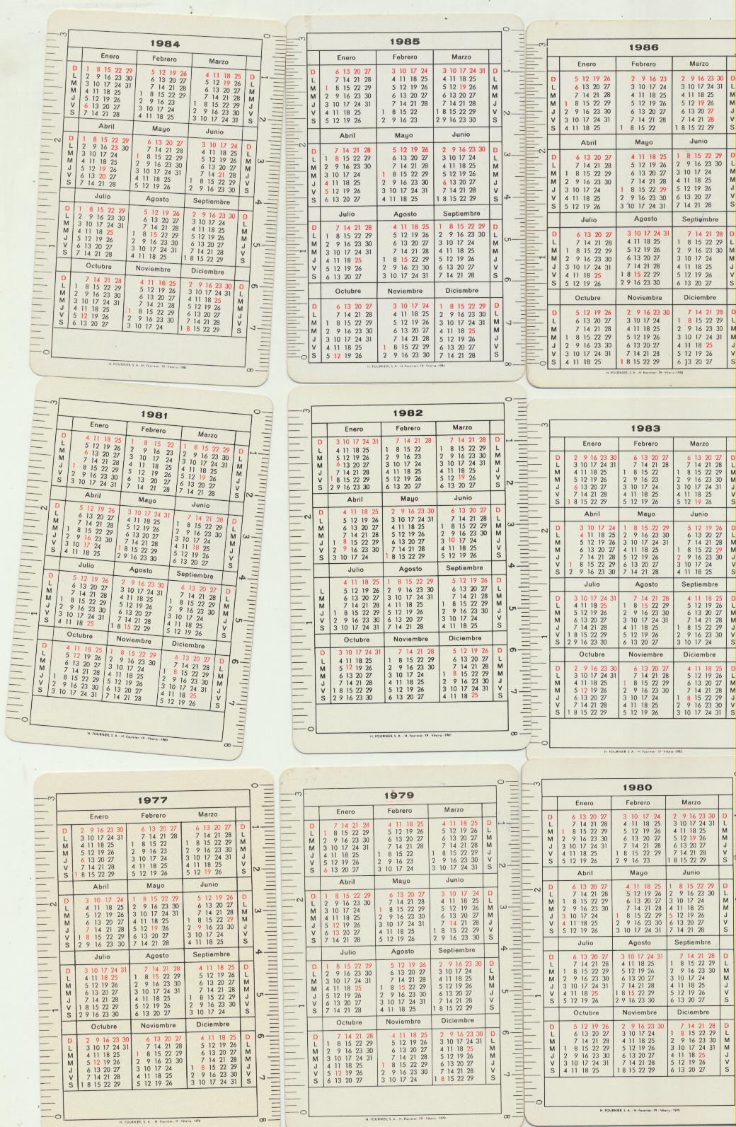 Calendario Fournier Banco Español de Crédito. 1977, 1979, 1980, 1981, 1982, 1983, 1984, 1985 y 1986