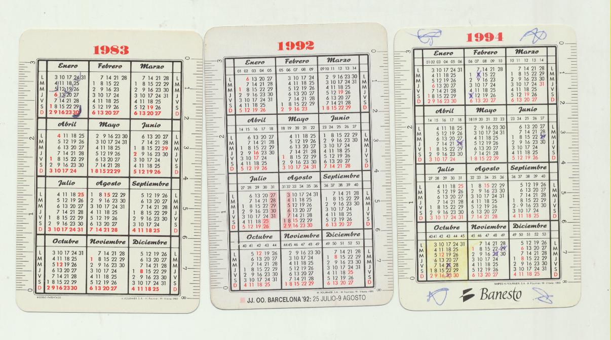 Lote de 3 Calendarios Fournier: Banco de Bilbao 1983, Banesto 1992 y 1994