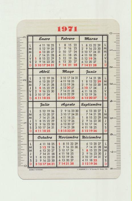 Calendario Fournier. Manufacturas Quinzan pardo 1971