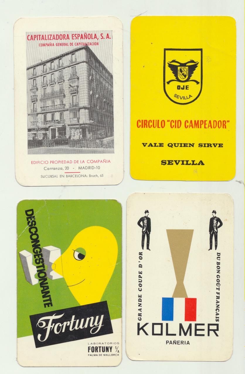 Lote de 4 calendarios: Capitalizadora Española 1968, Oje-Sevilla 1967, Kolmer 1968 y Fortuny 1967
