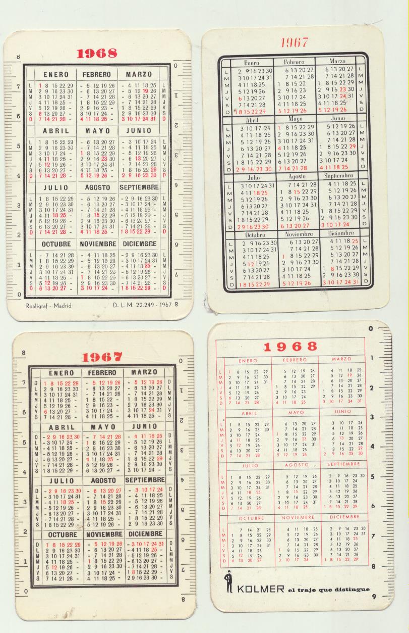 Lote de 4 calendarios: Capitalizadora Española 1968, Oje-Sevilla 1967, Kolmer 1968 y Fortuny 1967