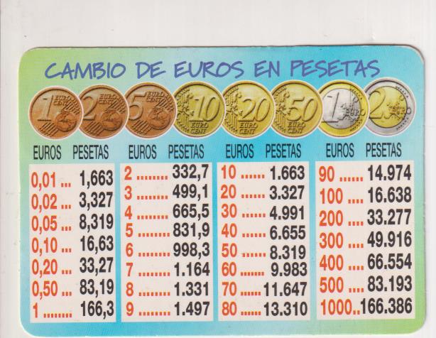 Calendario 2002. Cambio de euros en pesetas