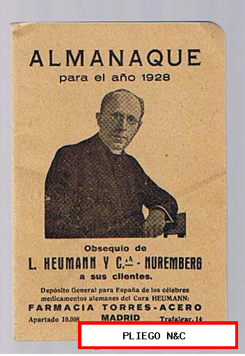 Almanaque para el año 1928. Obsequio de L. Heuman y Cía. a sus clientes. Farmacia Torres-Madrid
