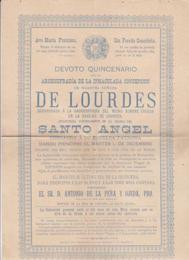 Cartel (31x21) Devoto Quincenario de Ntra. Sra. de Lourdes y de la Archicofradía del mismo nombre erigida en la Basílica de Lourdes