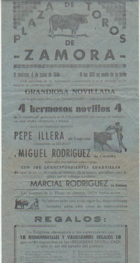 Cartel de Toros (42x15) Plaza de toros de Zamora. 4 de Julio de 1950