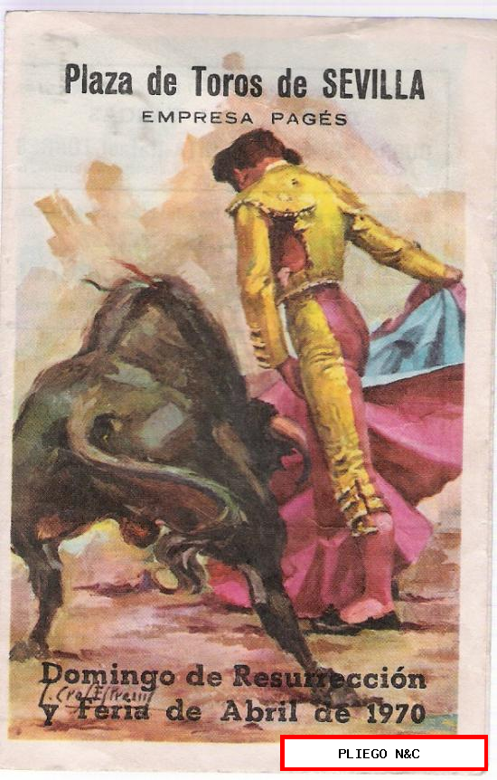 Pequeño cartel programa de toros (12X7,5) doble. Plaza de Toros de Sevilla. Feria Abril 1970 al dorsoso Publicidad Domecq