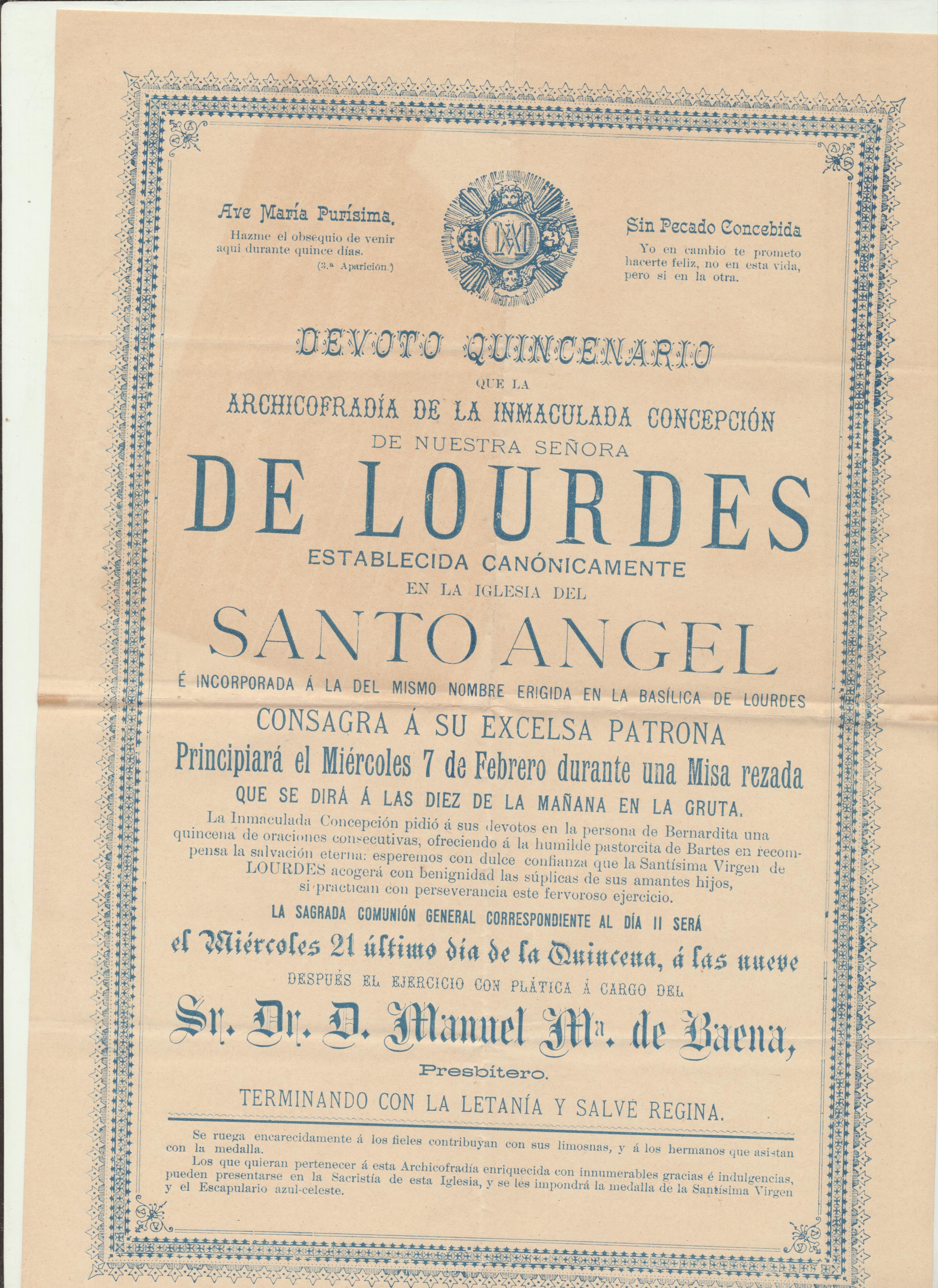 Devoto Quincenario. Archicofradía de Nª. Sra. de Lourdes. Iglesia del Santo Ángel. Sevilla 1894. (31x21,5)