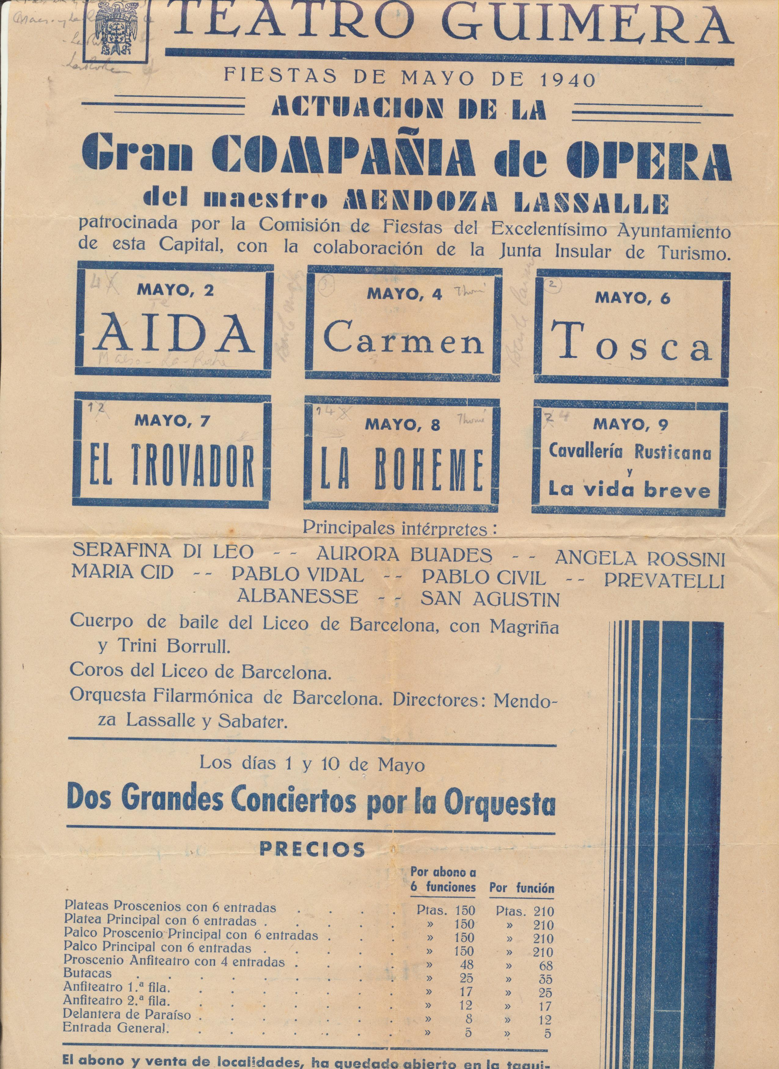 Cartel (34x22) Teatro Guimera. Fiestas de mayo de 1940. Gran Compañía de Opera del Maestro Mendoza Lassalle. Tenerife