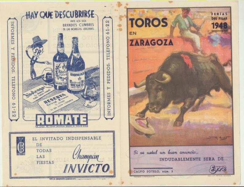 Cartel de Mano (21x14) doble hoja. Toros en zaragoza. Ferias del Pilar 1948. En el interior las cinco corridas