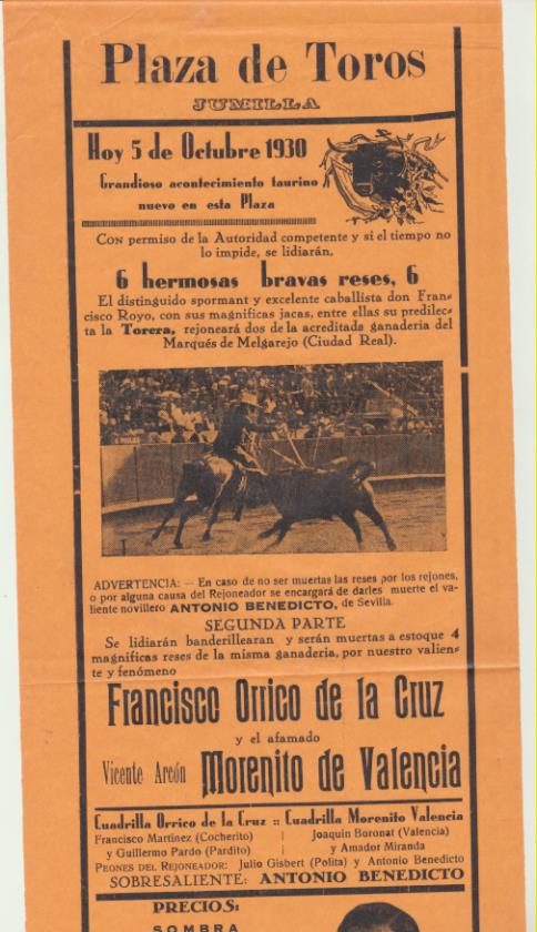 Cartel (44x16) Plaza de Toros de Jumilla. Grandiosos Acontecimiento Taurino, 5 de Octubre de 1930