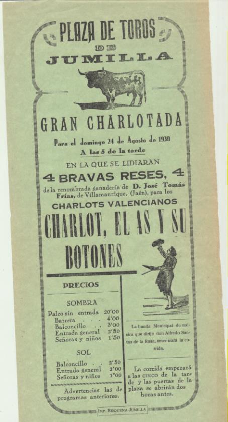 Cartel (32x14,5) Plaza de Toros de Jumilla, Gran Charlotada. Domingo 24 de Agosto de 1930Domingo