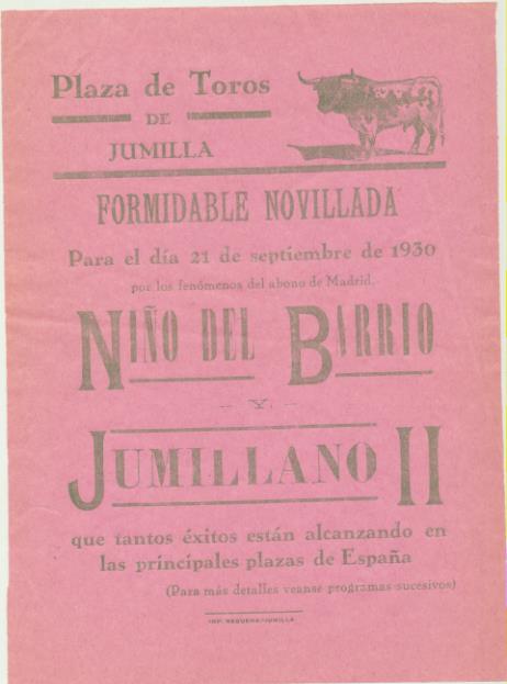 Cartel (22x16 cms.) Plaza de Toros de Jumilla. Formidable Novillada, 21 de Septiembre de 1930