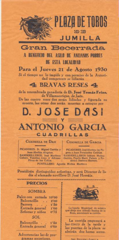 Cartel (32x14,5 cms) Plaza de Toros de jumilla. Gran Becerrada, Jueves 21 Agosto de 1930