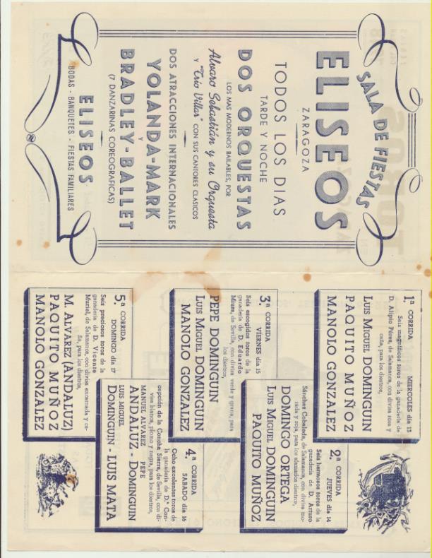 Cartel de Mano (21x14) doble hoja. Toros en zaragoza. Ferias del Pilar 1948. En el interior las cinco corridas