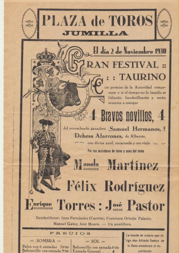 Cartel (43x21,5) Plaza de Toros de Jumilla. Gran Festival Taurino. 2 de Noviembre de 1930. BONITO CARTEL