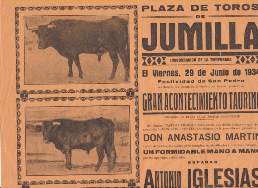 Cartel (45x32) Plaza de Toros de jumilla. Gran Acontecimiento Taurino. Viernes, 29 de Junio de 1934