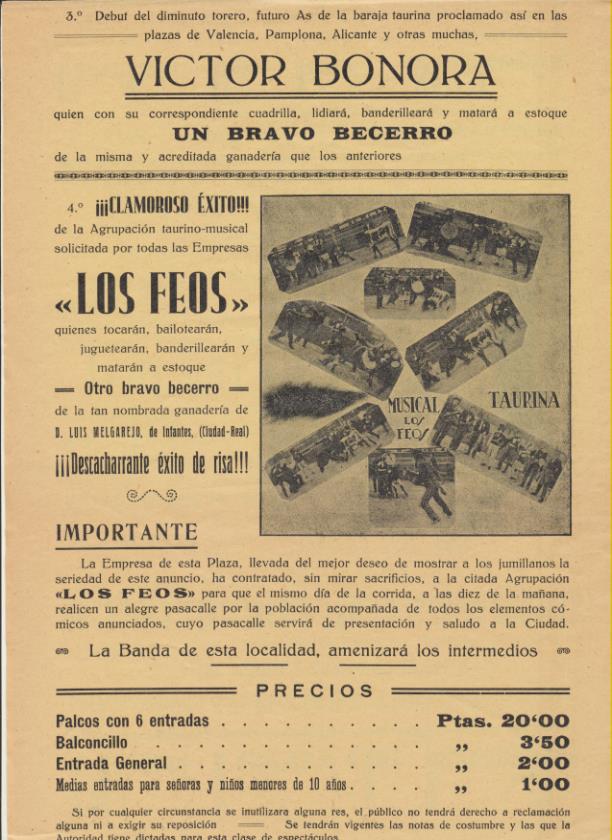Cartel (62x22 cms.) Plaza de Toros de Jumilla. Espectáculo Cómico-Taurino-Musical Domingo 5 Abril 1931. Pascua de Resurrección