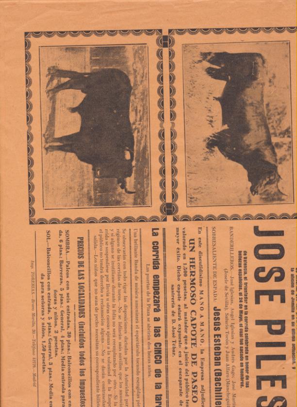 Cartel (45x32) Plaza de Toros de jumilla. Gran Acontecimiento Taurino. Viernes, 29 de Junio de 1934