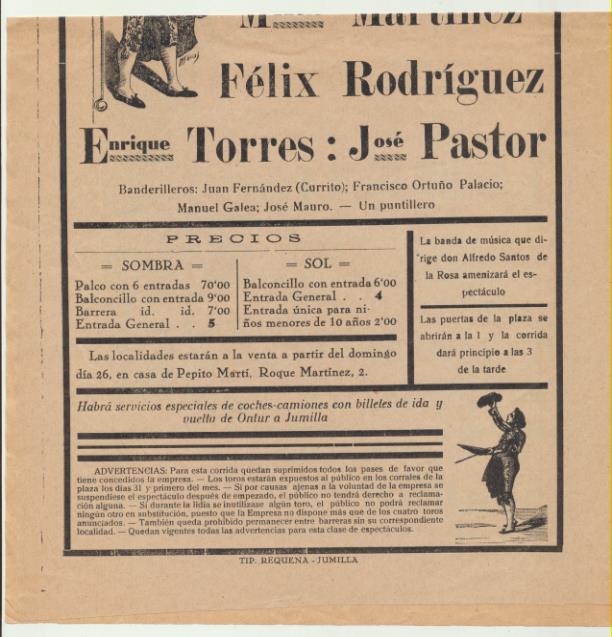 Cartel (43x21,5) Plaza de Toros de Jumilla. Gran Festival Taurino. 2 de Noviembre de 1930. BONITO CARTEL