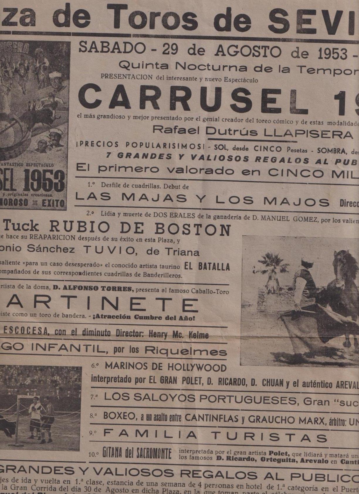 Cartel (43x31) plaza de Toros de Sevilla. Carrusel 1953. Sábado 29 Agosto