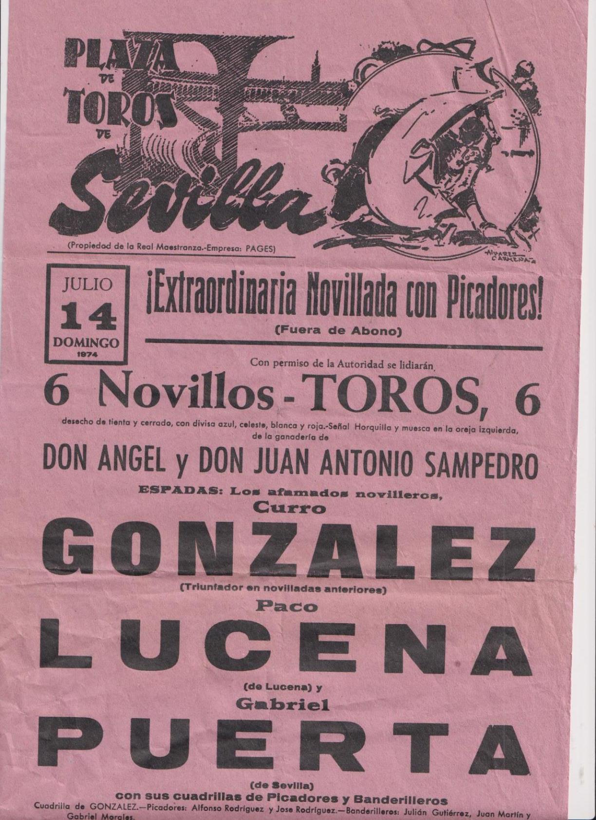 Cartel (42x21) Plaza de Toros de Sevilla. Extraordinaria Novillada con Picadores. 14 Julio 1974