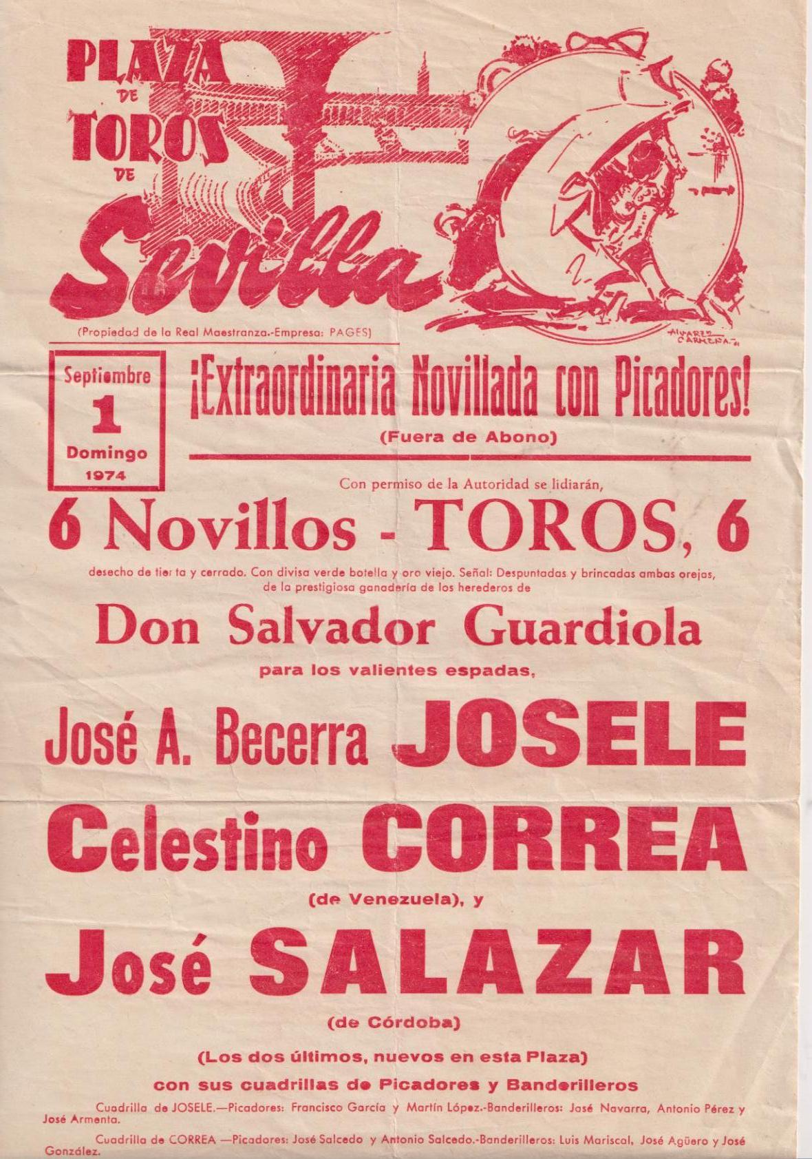Cartel (42x21) Plaza de Toros de Sevilla. Extraordinaria Novillada con Picadores. 1 de Septiembre 1974