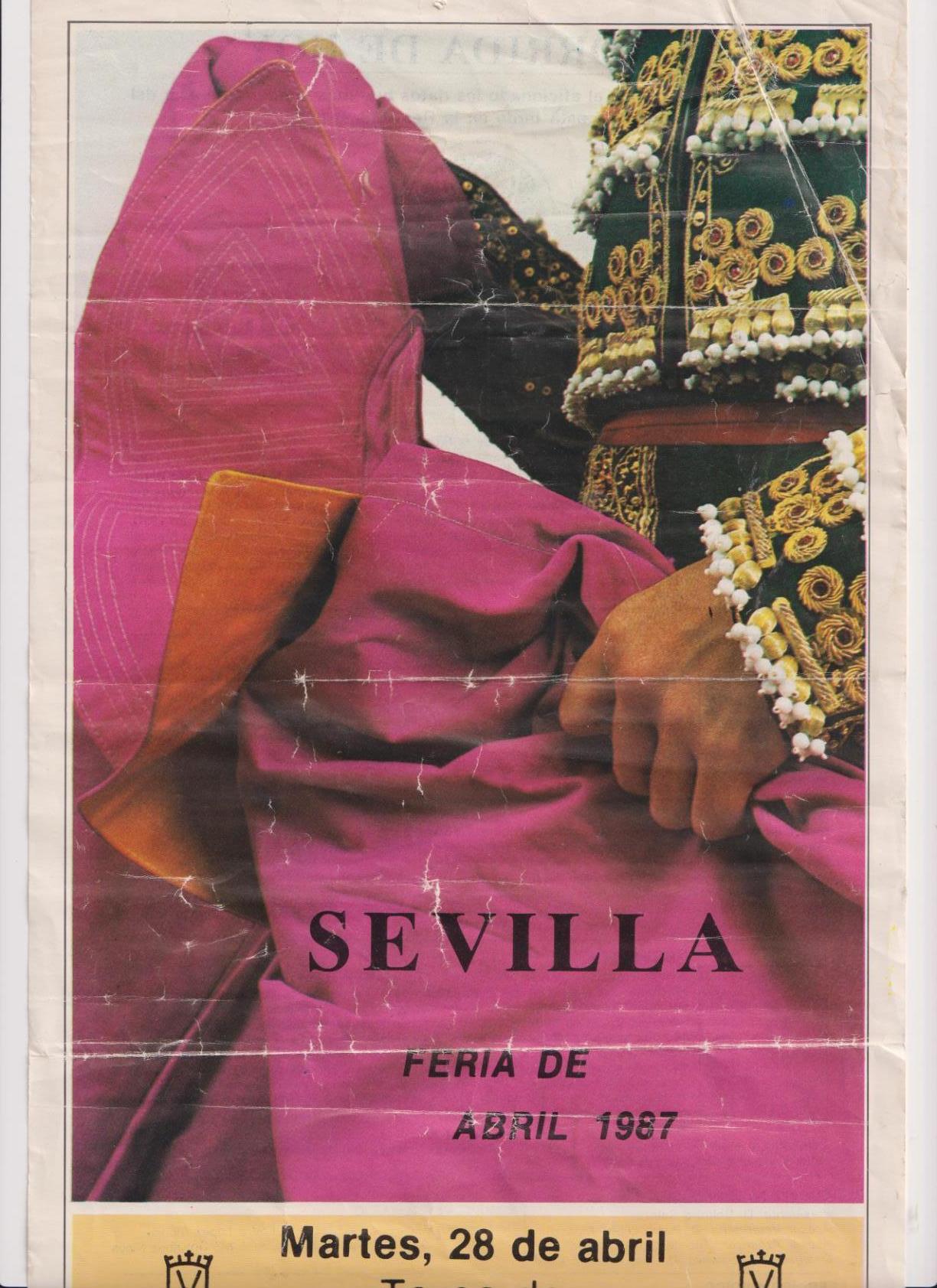 Cartel (42x20) Plaza de Toros de Sevilla. Feria de Abril de 1987. Martes, 28 Abril. Antoñete, manolo Cortés y Espartaco