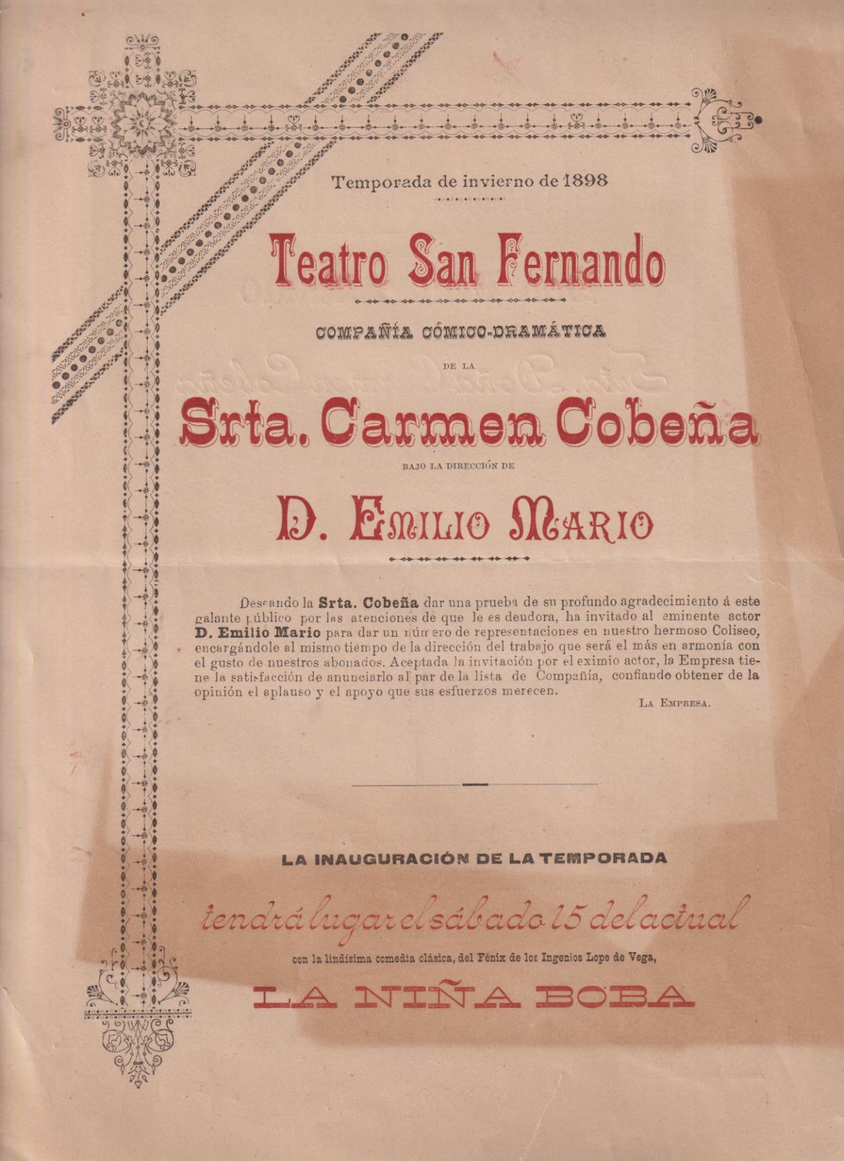Cartel (33x21,5) doble hoja. Teatro San Fernando, Sevilla. Temporada de Invierno de 1898. Compañía Cómico-Dramática de la Srta. Carmen Cobeña