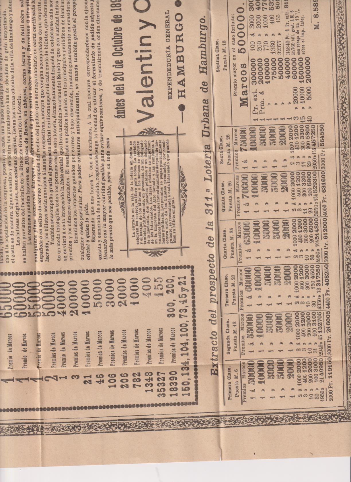 Cartel (44x32,5) Gran Lotería de dinero de Hamburgo. Invitación a participar. Antes del 20 de Octubre de 1896